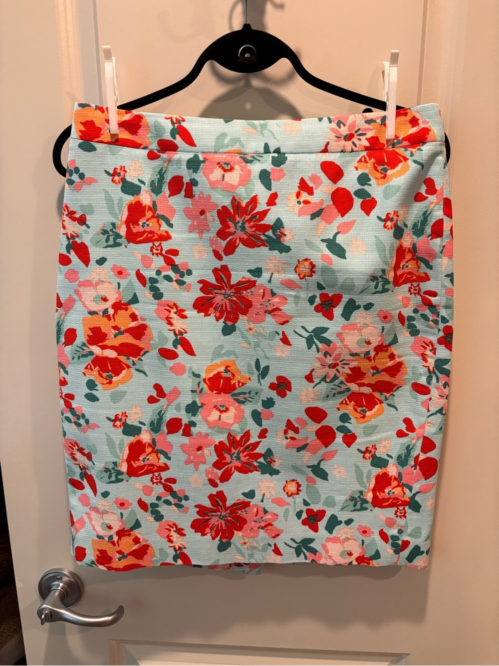 J. Crew Aqua Floral Pencil Skirt with Red & Pink Blooms